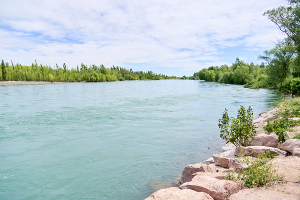 Limay River passing through the city of Neuquen, Argentina. Quiet scene, the water flows between the two banks with lush vegetation, it is springtime.