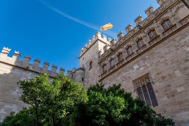 istock Gothic Architecture with Spanish Flag and Battlements 2183500538