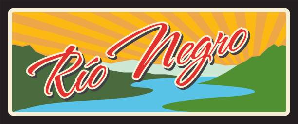 Rio Negro Argentine province vintage travel plate. Vector argentinian region metal plaque, Nahuel Huapi lake nature landscape touristic destination sign, retro sticker design with scenery landscape