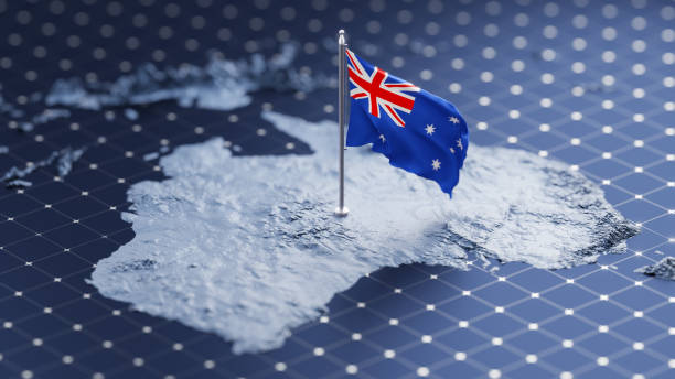 A 3D representation of the Australian flag on a map of Australia set against an abstract digital grid background.