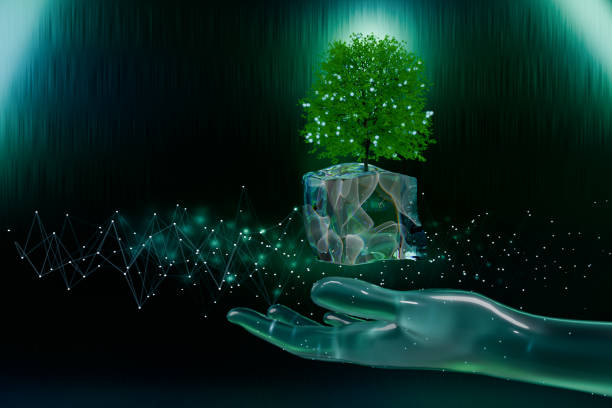 A digital hand holds a glowing tree in a cube, symbolizing nature and technology. 3d rendering