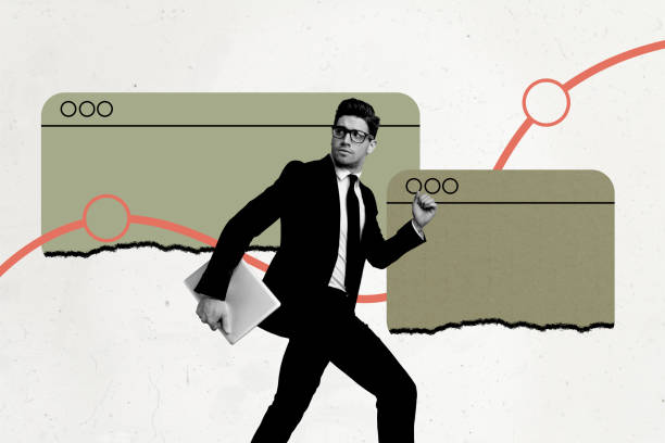 istock Photo picture collage young businessman walk go interface web laptop computer agent broker economy stats drawing background 2183516431