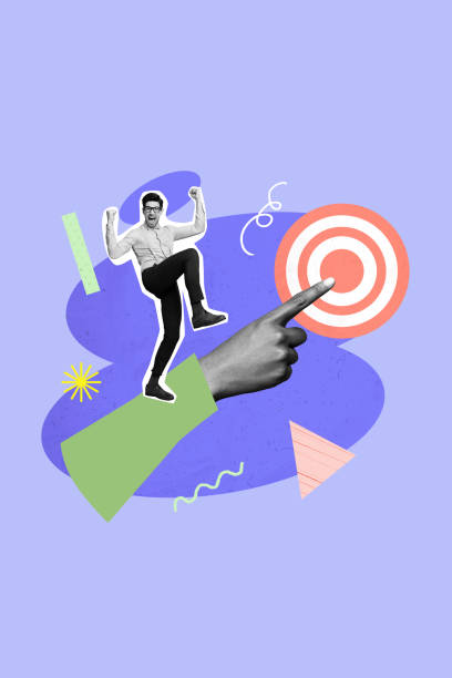 istock Composite trend artwork sketch image photo collage of gesture finger point show direction target circle goal point young man happy success 2183516469