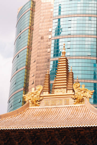 istock Rooftop in Chinese temple with skyscraper in the background 2183516517