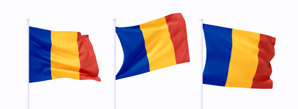 istock Set of Romanian waving flag on flagpole. Realistic 3d design flag flies on the wind on isolated white background. vector illustration 2183516606