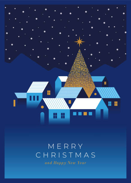 Christmas Card. Christmas background with houses and Christmas tree. Winter village. Winter night city in retro style. Christmas background with houses and Christmas tree. Cozy town in a flat style with lettering merry Christmas. Stock illustration. fairy tale village stock illustrations