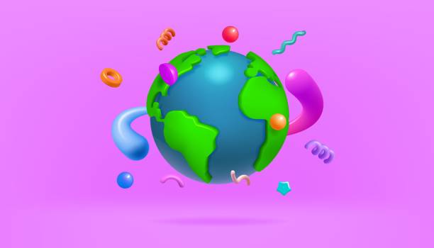 istock 3d world globe. Global earth planet map render for shop sale post, online distribution service. Flying abstract elements. Global digital communication. Vector illustration concept 2183517509