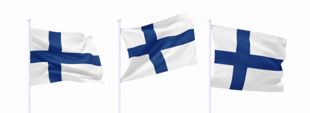 ilustrações, clipart, desenhos animados e ícones de conjunto de bandeira ondulante da finlândia no mastro. a bandeira realista do projeto 3d voa ao vento no fundo branco isolado. ilustração vetorial - bandeira-da-finlândia