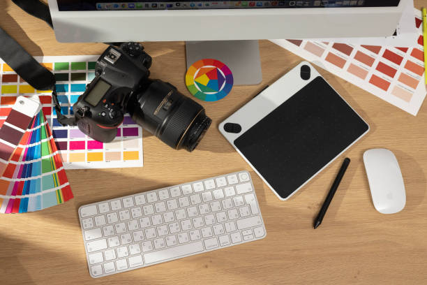 istock Creative professional designer's desk from above 2183522279