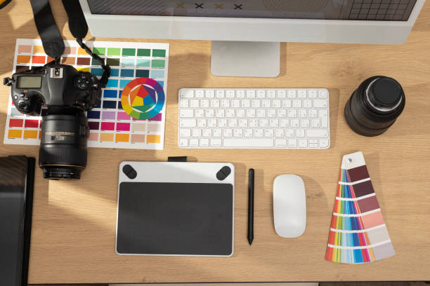 istock Creative professional designer's desk from above 2183522305