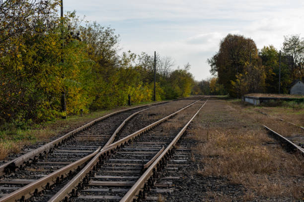 A rural scene featuring railroad tracks curving gently through an autumn landscape. Trees with seasonal foliage line the tracks, adding vibrant colors to the tranquil setting, while an abandoned platform sits quietly in the background.