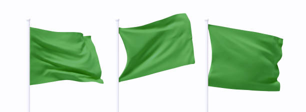 istock Set of Green waving flag on flagpole. Realistic 3d design flag flies on the wind on isolated white background. vector illustration 2183523606