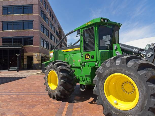 Moline, Illinois - USA, May 8, 2024. Construction machinery at the John Deere Pavilion in Moline Illinois. Moline, one of the quad cities along the Mississippi river between Illinois and Iowa hosts several industries including Deere heavy machinery.