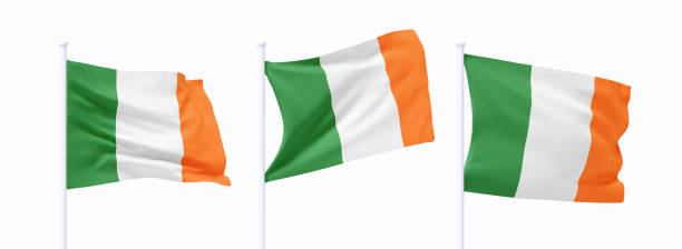 istock Set of Irish waving flag on flagpole. Realistic 3d design flag flies on the wind on isolated white background. vector illustration 2183525594