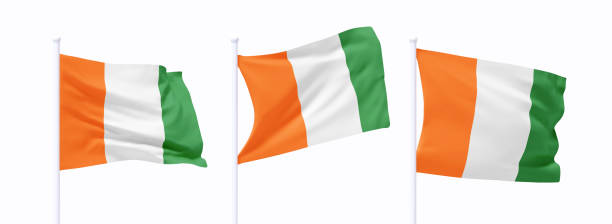 istock Set of Ivory Coast waving flag on flagpole. Realistic 3d design flag flies on the wind on isolated white background. vector illustration 2183525627