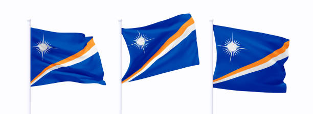 istock Set of Marshall Islands waving flag on flagpole. Realistic 3d design flag flies on the wind on isolated white background. vector illustration 2183525863