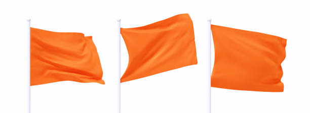 istock Set of Orange waving flag on flagpole. Realistic 3d design flag flies on the wind on isolated white background. vector illustration 2183525972