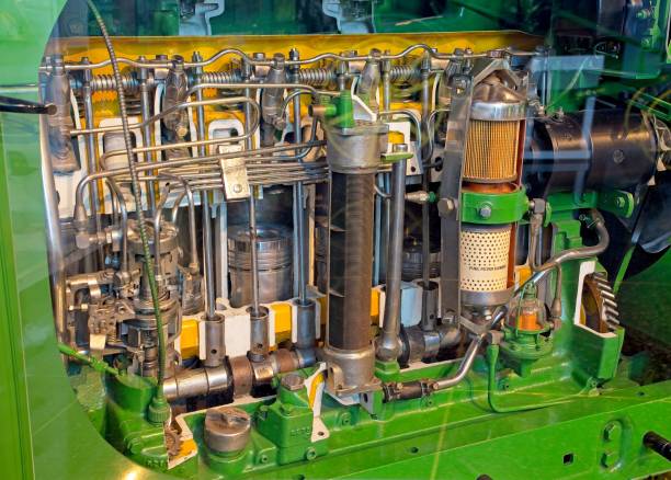 Cross section of tractor engine design showing pistons, and other mechanicals.