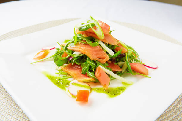 istock Smoked salmon salad on an elegant square plate 2183531006