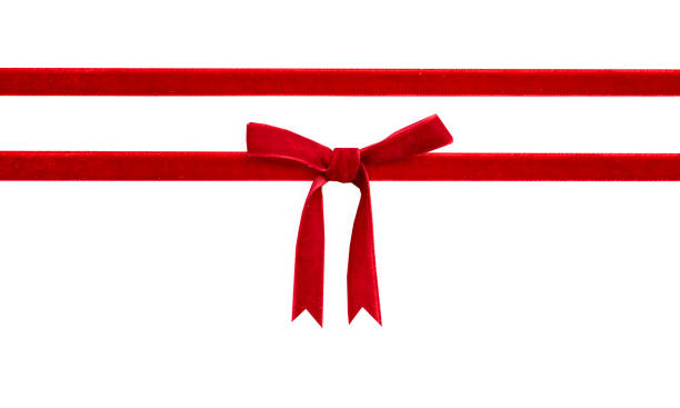 Red velvet bow and ribbon isolated on white. Gift box decor, Christmas design element.
