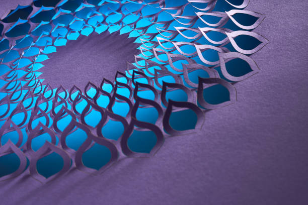 istock Abstract Mandala Paper Cut Design with Teardrop Shapes and Blue Gradient Lighting on Purple Background 2183538278