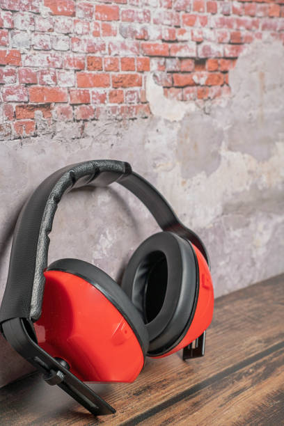 istock Red earphones Used on construction site 2183540386