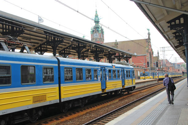 Gdansk - Poland. 21 June 2019: passenger train comes to the railway station. Local train arrive to railway station platform in Gdansk. the train is coming