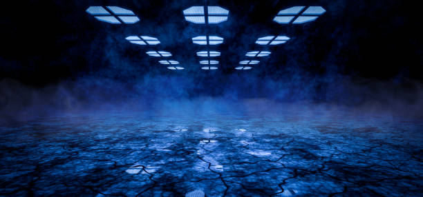 istock Futuristic tunnel. Concrete floor with neon light. Game design. Concrete background for your product presentation. Garage or hangar with hexagonal pattern. Garage or hangar for game. 3D render 2183547179
