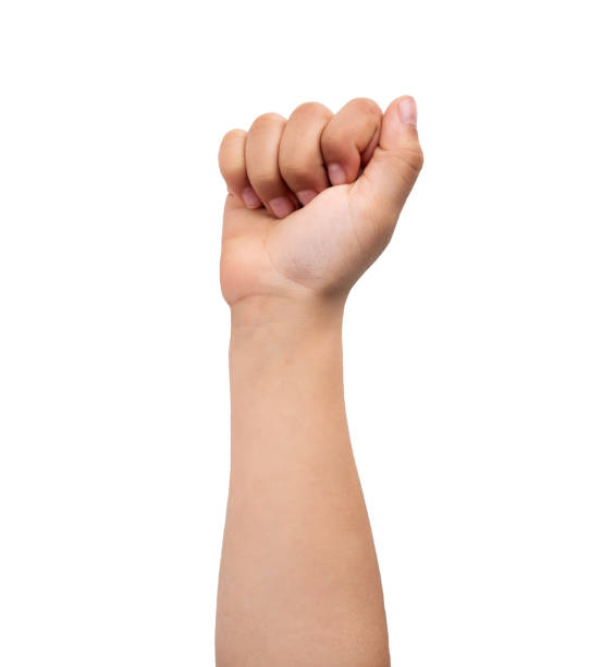istock Child with fist up on a white background 2183548157