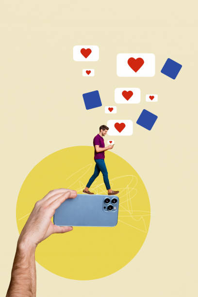 istock Vertical poster collage young man walk smartphone digital device blogger facebook hand body fragment hearts drawing background 2183554049