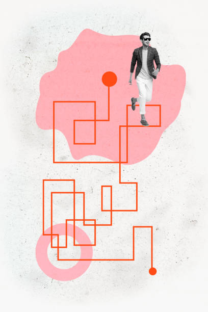 Composite trend artwork 3D sketch image collage of young guy walk step miniature line route way mind think smart brainstorming labyrinth