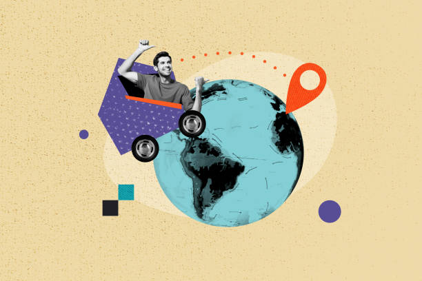 istock Composite trend artwork sketch image collage of miniature young guy moving car earth planet summer vacation relocate map point real estate 2183554131