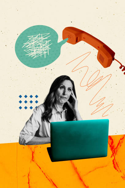 istock Composite trend artwork sketch image photo collage of cyberspace aged woman think sit office laptop landline phone news chatting call 2183554328