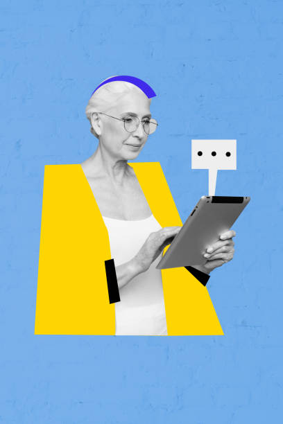 istock Vertical photo collage of serious old woman surf browsing ereader bubble communication correspondence isolated on painted background 2183554372