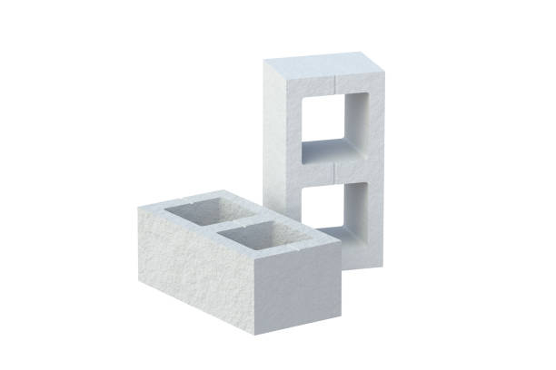 istock Rough concrete blocks isolated on white background. Construction cinder brick with holes. Building material. 3d render 2183554589