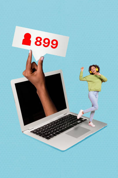 istock Vertical advert sticker brochure collage of funny blogging hipster girl hold subscribers count laptop display isolated on blue background 2183554607
