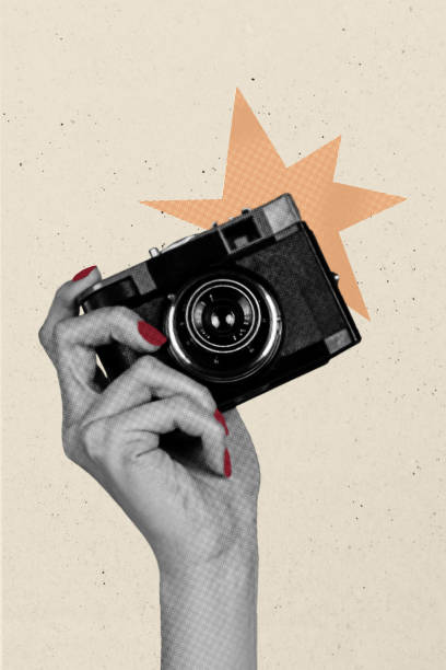 istock Vertical photo collage of hand hold retro camera device flash cadre photo shoot vintage instant paparazzi isolated on painted background 2183555607