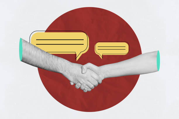 Composite photo collage of two business people handshake cooperation bubble non-verbal communication deal isolated on painted background.