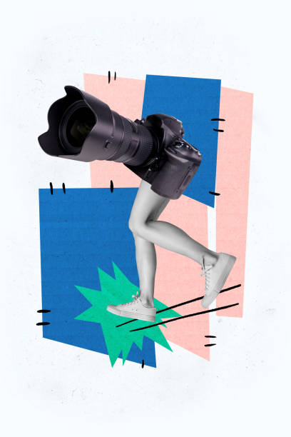 istock Composite trend artwork sketch image photo collage of monochrome camera shooting journalist hobby photographer miniature bodyless leg walk 2183556859