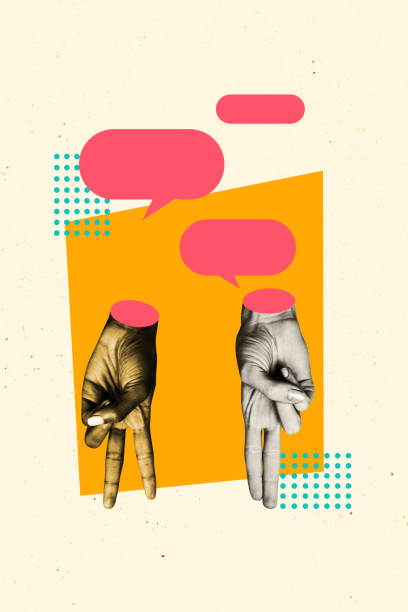 istock Vertical photo collage of hands stand body language communication speech bubble conversation text box isolated on painted background 2183557807