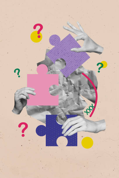 Vertical photo collage of hands hold puzzle element question mark solution team building concept tactics isolated on painted background