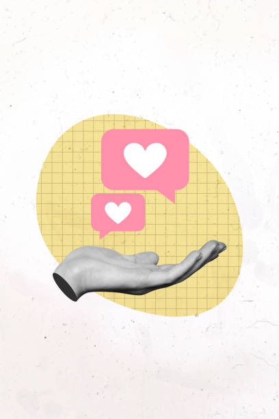 istock Vertical poster collage 3d hands body fragment notification textbox message like heart blogger feedback palm checkered background 2183557946