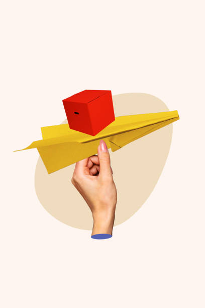 istock Vertical photo collage of hand hold paper plane parcel box shipment distribution fast aircraft delivery isolated on painted background 2183558080
