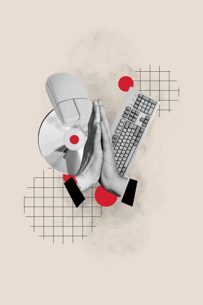 istock Vertical photo collage of business people hands gesture high five success cooperation cd disk mouse keypad isolated on painted background 2183558593