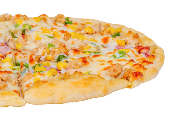 Pizza isolate on white. Macro photo of pizza with cheese, corn, chicken and bacon
