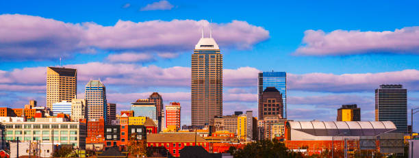Indianapolis Skyline, Skyscrapers, and Landmark Buildings after rain storm in the U.S. state of Indiana and the seat of Marion County