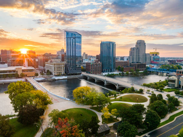 Skyline of Grand Rapids Michigan in the morning with the sunrise to the east