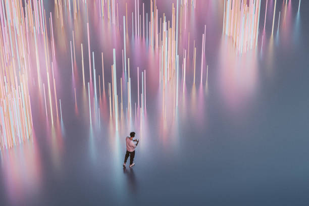 jovem ouvindo música e usando smartphone em ambiente vr - futurista - fotografias e filmes do acervo