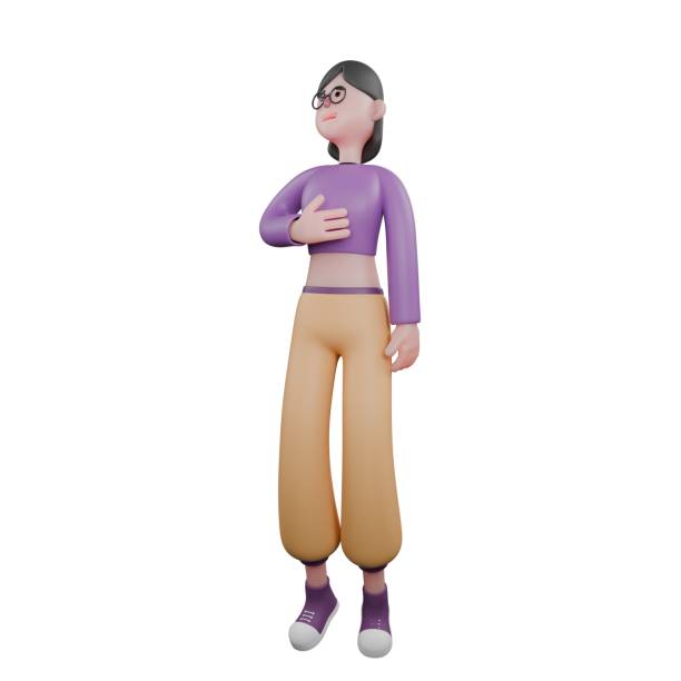 istock 3D Dance Star Performer. A female dancer stands looking right with her right hand stroking her chest. Animated Talent 2183596787
