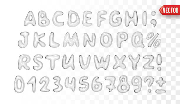istock A set of white fonts with a realistic 3D glass liquid effect, consisting of uppercase letters, numbers and special symbols. Complete alphabet Ideal for modern design projects. Vector illustration 2183596996